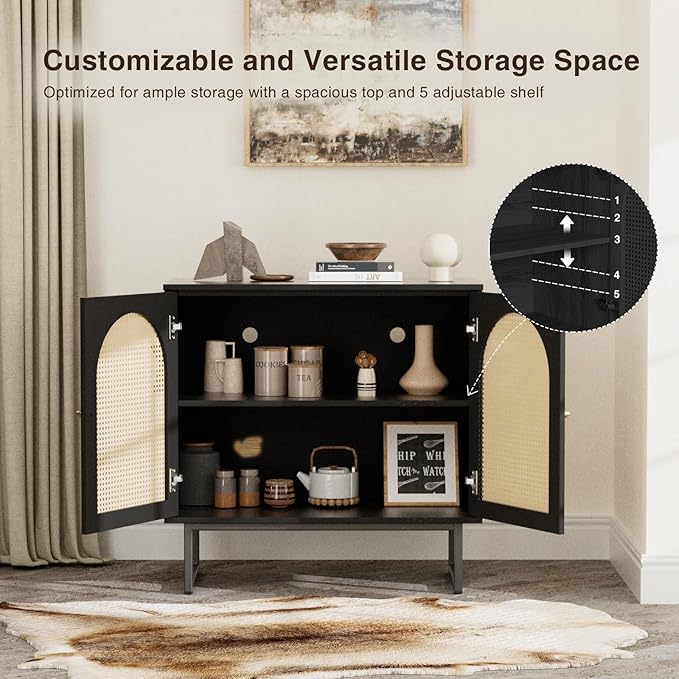 Vabches Sideboard Buffet Cabinet with Rattan Doors, 2 Doors Accent Sideboard, Coffee Bar Cabinet with Metal Legs for Living Room, Hallway, Entryway (Black, 2 Doors)