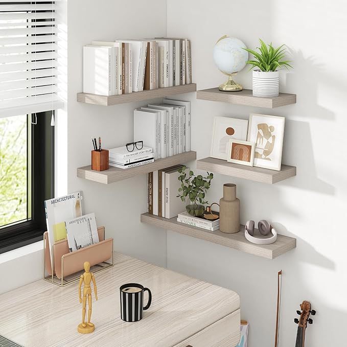 16 Inch Floating Shelves, 8 Inch Deep Floating Shelves for Wall, Hanging Shelf with Invisible Brackets, Deep Shelves for Bathroom, Bedroom, Living Room, Grey, Set of 2