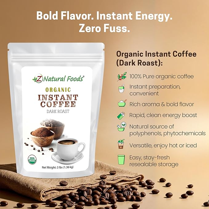 Z Natural Foods Organic Instant Coffee Powder - Rich Dark Roast Flavor, Arabica Instant Espresso Powder with Antioxidants to Boost Energy, Mood & Focus - Gourmet Instant Coffee in Resealable Bag, 3 lbs