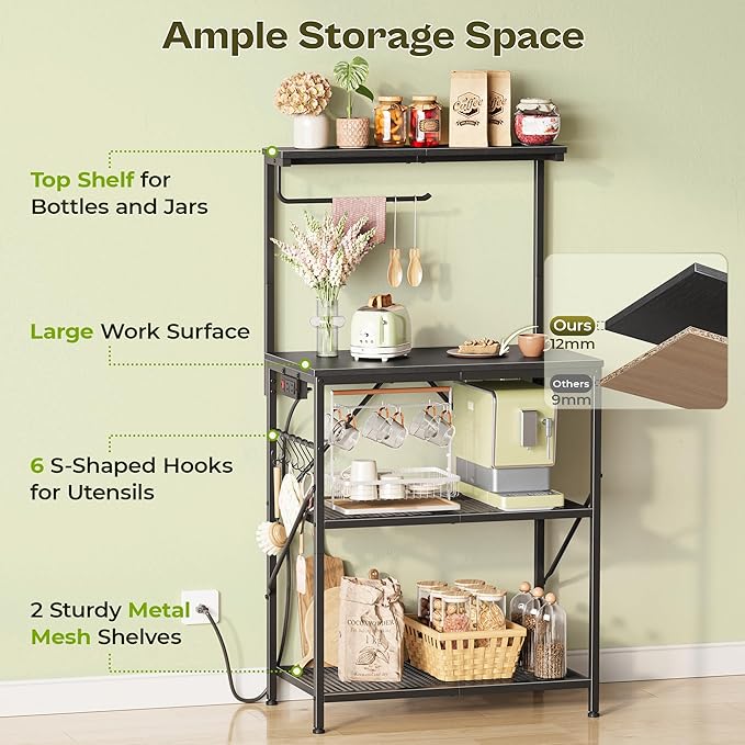 Huuger 4-Tier Bakers Rack with Reversible Power Outlet, 23.6 Inch Microwave Stand, Kitchen Coffee Bar, with Top Shelf, 6 S Hooks, Black