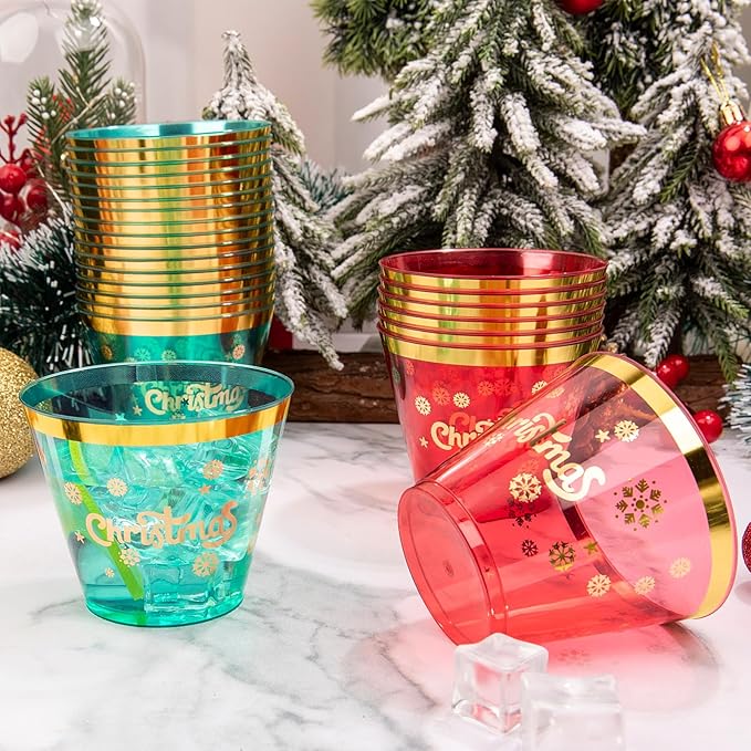 WELLIFE 60Pcs 9oz Christmas Plastic Cups, Disposable christmas Cups, Christmas plastic Tumblers, Includes 30Pcs Green cup and 30Pcs Red cups