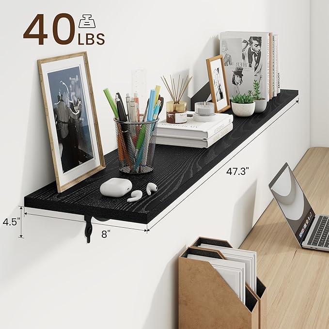 RICHFOCUS Floating Shelves for Wall Decor, 47.3W x 8D Shelves Set of 2, 8 Inch Deep Rustic Wood Shelves Wall Mounted with Brackets, Long Floating Shelves for Living Room Bedroom Kitchen, Black