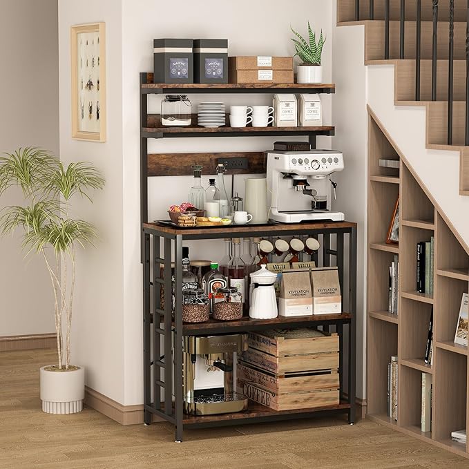 Adjustable Bakers Rack with Power Outlet,Coffee Bar Station with Led Lights,Microwave Stand with Storage,5-Tier Kitchen Shelf,Kitchen Storage Rack for Spices, Pots and Pans,Rustic Brown