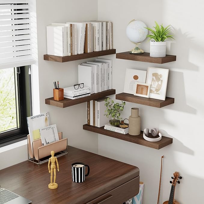 36 Inch Floating Shelves, 8 Inch Deep Floating Shelves for Wall, Hanging Shelf with Invisible Brackets, Deep Shelves for Bathroom, Bedroom, Living Room, Walnut, Set of 2
