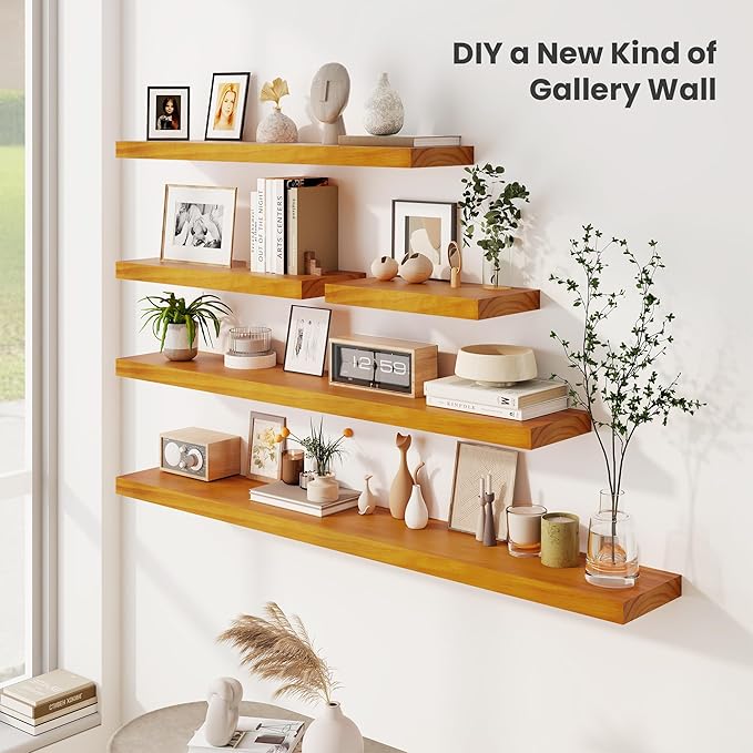Fun Memories Wood Floating Shelves Set of 2, Rustic Pine Wood Floating Shelves for Wall Mounting, Wide Wall Shelf for Home Decor and Storage, 24" W x 7" D, Honey Oak