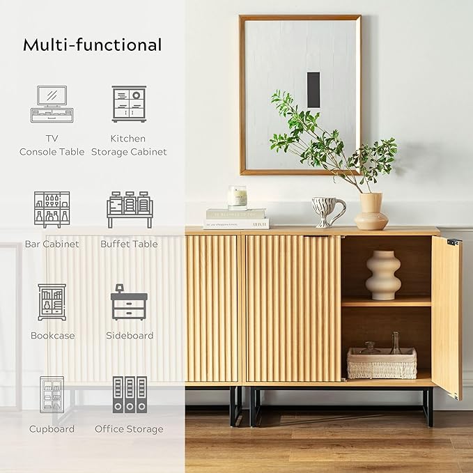 Fluted Storage Cabinet Sideboard Buffet Cabinet, Modern Accent Cabinets with Adjustable Shelves, Wooden Credenza, Console Table Entryway Cabinets for Living Dining Room, Natural Oak