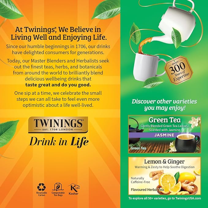 Twinings Pure Green Tea Individually Wrapped Bags, 25 Count (Pack of 6), Smooth Flavour, Enticing Aroma, Caffeinated, Enjoy Hot or Iced, 150 Teabags