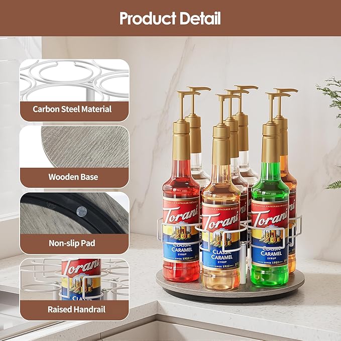 Rotating Coffee Syrup Organizer, 7 Bottles Coffee Syrup Rack for Countertop Syrup Bottle Holder Stand for Coffee Bar Station, Carbon Steel Frame with Wooden Base Coffee Bar Accessory, White