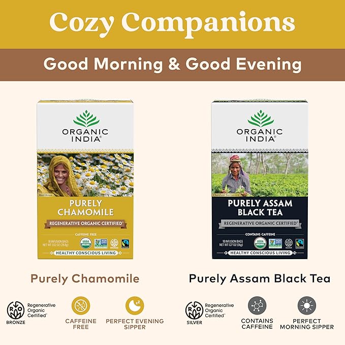 Organic India Purely Chamomile Tea - Regenerative Organic Pure Chamomile Flowers, Caffeine Free, Calming & Relaxing Herbal Tea, Natural Support for Sleep & Relaxation - 18 Tea Bags, Pack of 6