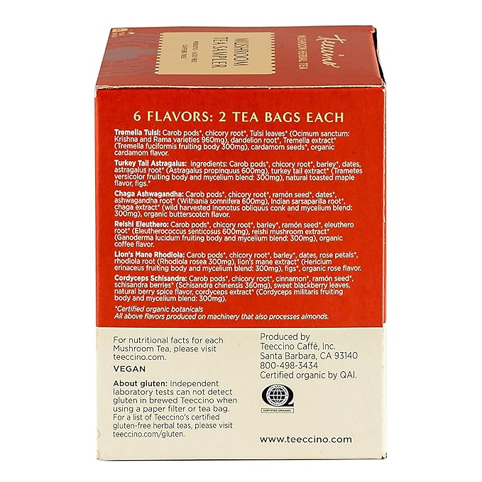 Teeccino Mushroom Herbal Tea - Mushroom Adaptogen Tea Sampler - 12 Tea Bags - Support Your Health With Mushrooms and Adaptogenic Herbs, Prebiotic, Caffeine Free, Acid Free