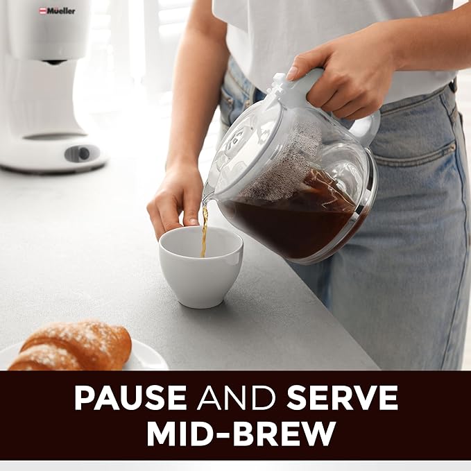 MUELLER HOME 12-Cup White Coffee Maker - Borosilicate Carafe, Auto-Off, Reusable Filter, Anti-Drip, Keep-Warm Function, Clear Water Level Window, White Kitchen Accessories