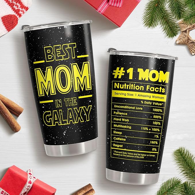 34HD Best Mom In The Galaxy Tumbler with Lid, 20oz Stainless Steel Mama Coffee Mug with Nutrition Facts, Star Inspirational Gifts from Son Daughter, Mom Gifts for Birthday, Mothers Day, Christmas