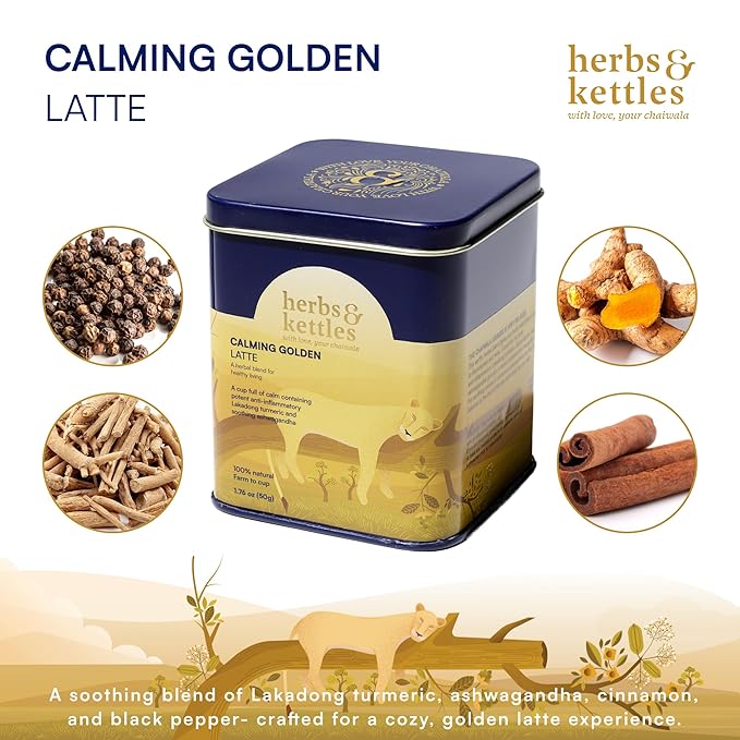 Herbs & Kettles Calming Golden Turmeric Latte | Caffeine-Free Blend with Turmeric, Ashwagandha & Spices | 25-30 servings | Ayurvedic Drink for Warming, Soothing & Wellness | Golden Latte Mix, 1.76 oz | Enjoy Hot or Iced
