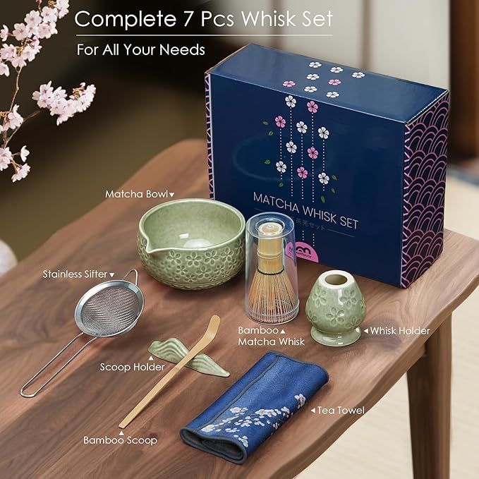 7Pcs Matcha Whisk Set, Ceramic Matcha Bowl with Spout, Bamboo Whisk and Holder,Bamboo Scoop,Scoop Rest,Sifter,Tea Towel, Matcha Kit with Cherry Blossom Carved Patterns for Matcha Lovers (Sakura Green)