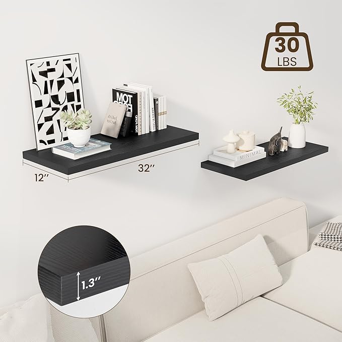 Dreamland 32" Floating Shelves for Wall, 12" Deep Slim Black Floating Shelves, Wall-Mounted Shelves for Bedroom, Living Room, Kitchen, Bathroom - Set of 2
