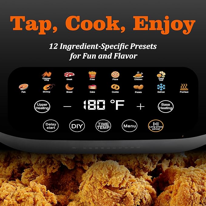 Fullwill Vision Pro 6QT Air Fryer with Large Square Viewing Window,Base and Upper Heating,12 Presets for Chicken Wings,Steak,Fries,Pizza and More,Non-Stick and PFOA-Free,Fast and Oil Free Cooking