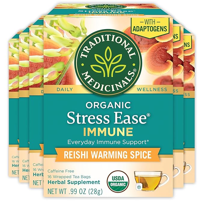 Traditional Medicinals Tea, Organic Stress Ease Immune with Adaptogens, Everyday Immune Support, Reishi Warming Spice, 96 Tea Bags