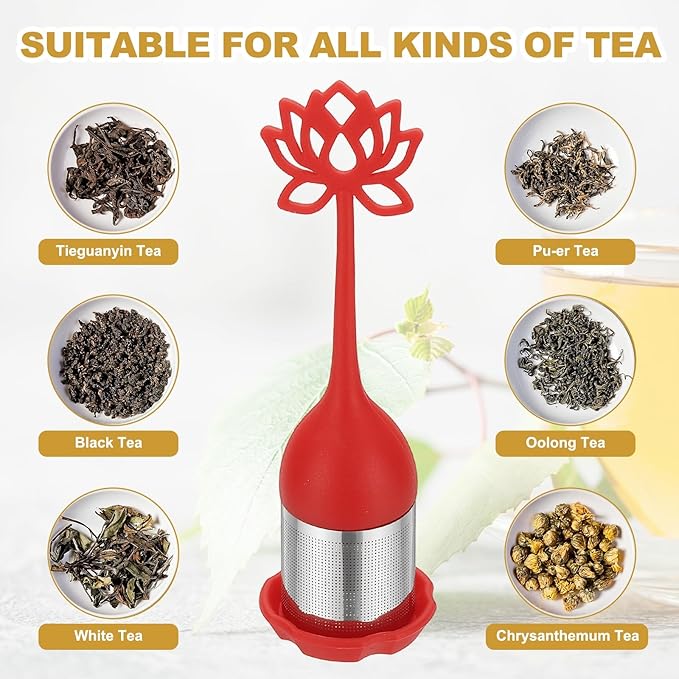 uxcell 2 Pcs Lotus Tea Infuser, Stainless Steel Loose Leaf Tea Steeper Filter with Silicone Handle Reusable Thin Pores Mesh Strainer Diffuser for Teacups Teapots Mugs, Red