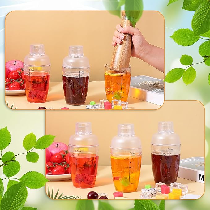 12 Pcs Plastic Cocktail Shaker with Scale and Strainer Top Clear Shaker Cup with Measurement Clear Plastic Bottle Cocktail Tea Measuring Jigger for Coffee Bubble Tea Milk, 350ml/12oz