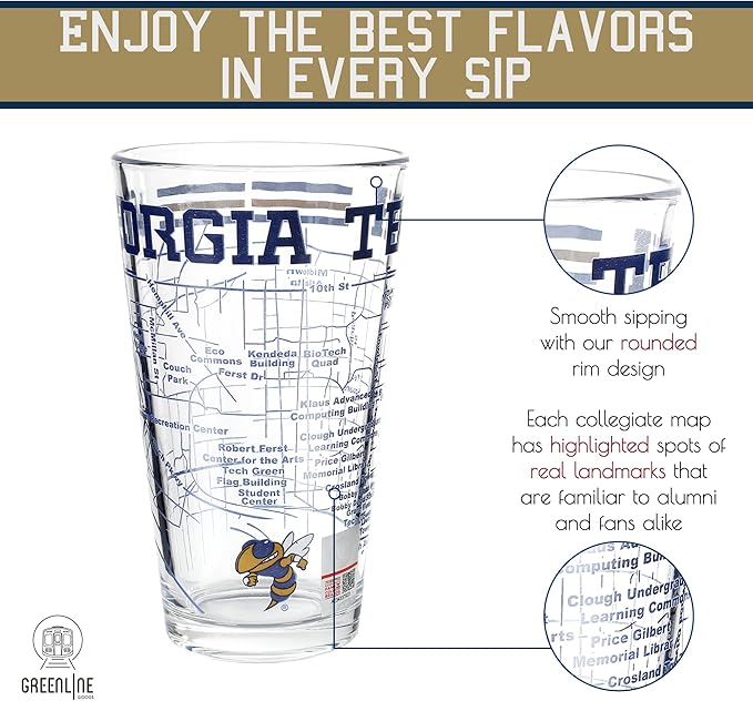 Greenline Goods – Georgia Tech University Yellow Jackets College Pint Beer Glasses (Set of 2), 16 oz – Full-Color Logo + Campus Map