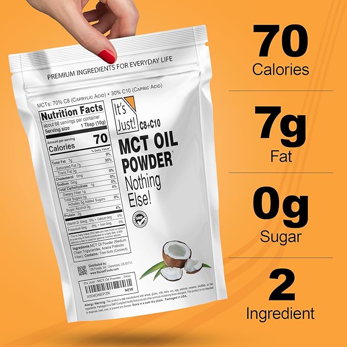 It's Just - MCT Oil Powder w/Prebiotic Fiber (1.5lbs) 70% C8 + 30% C10, Fast Fuel for Body & Brain Health, Keto Coffee Creamer, Non-GMO, Heavy Metal Tested