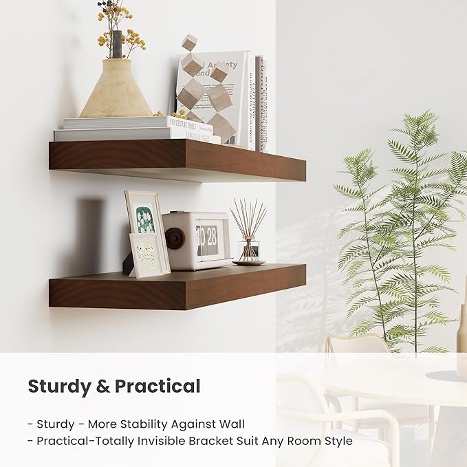 Fun Memories Wood Floating Shelves Set of 2, Rustic Pine Wood Floating Shelves for Wall Mounting, Wide Wall Shelf for Home Decor and Storage, 16" W x 7" D, Walnut
