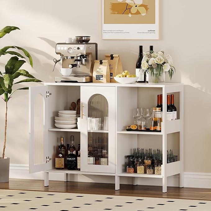 GarveeHome Glass Door Sideboard Cabinet, Modern Storage Buffet with Metal Handles & Adjustable Shelves, Solid Wood Frame Display Cabinet for Living Room, Dining Room, Kitchen, Entryway, White