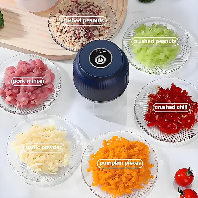 Electric Garlic Chopper, 300ml Mini Portable Veggie Cutter, Dicer with 4 Stainless Steel Blades, One-Touch Operation for Garlic, Onion, Nuts, Easy to Clean, Dishwasher Safe (Blue)