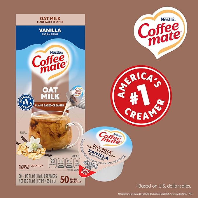 Nestle Coffee mate Coffee Creamer, Oat Milk, Vanilla Natural Flavor, Liquid Creamer Singles, Plant-Based, Non Dairy, No Refrigeration, 0.375 fl oz Tubs (Pack of 200)