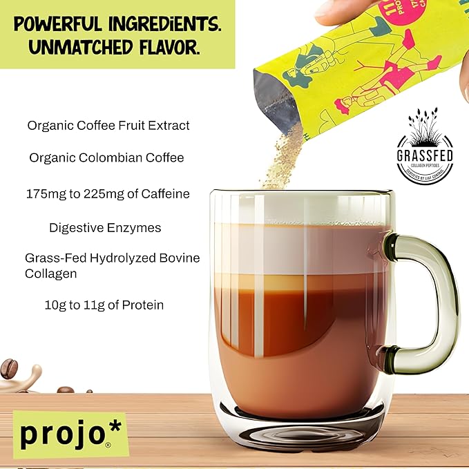 Projo* Power Coffee – Instant Coffee with 11g Protein – Grass-Fed Hydrolyzed Bovine Collagen & 175mg Caffeine, Organic, Variety - 1 Packet Each - Bold Black, Vanilla, Cinnamon, Caramel & Mocha Lattes