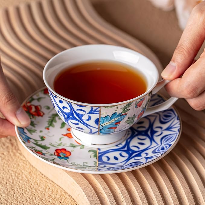 BTaT- Vintage Tea Cups and Saucers Set of 6 (8 oz), Porcelain Tea Cup Sets, Indigo Bloom Floral Design, Dishwasher Safe