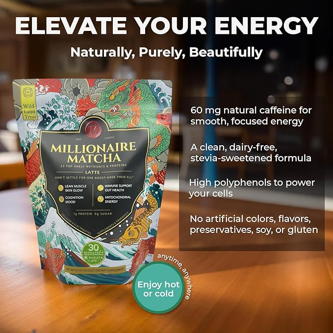 K* PAX Millionaire Matcha – Latte Powder for Focus & Mitochondrial Energy – Ceremonial Grade | Keto | Dairy-Free – 30 Servings