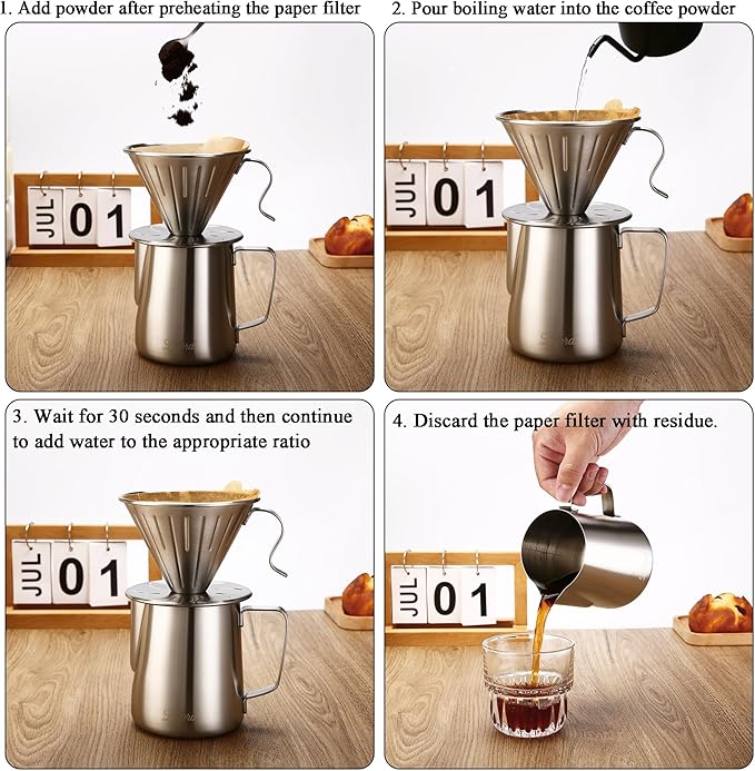 Pour Over Coffee Dripper, 304 Stainless Steel wIth 100 pcs V60 Paper Filters (Coffee Dripper)