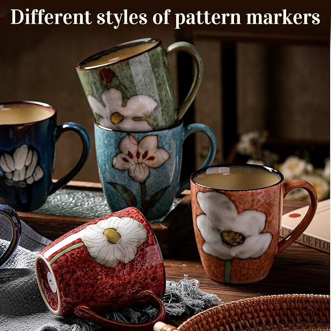 Maxdot 4 Pcs 12oz Ceramic Coffee Mugs Sets Glazing Process Cappuccino Mug Floral Ceramic Tea Cups Christmas Housewarming Idea Gift for Women Porcelain Cup for Coffee, Cocoa, Tea, Latte (Classic)