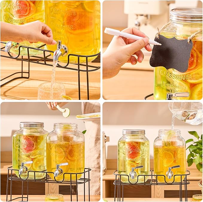 1 Gallon Glass Drink Dispensers for Parties, 2PACK Beverage Dispenser with Stand, Fruit Infuser and Stainless Steel Spigot 100% Leakproof, Beverage Dispenser for Lemonade Sun Tea