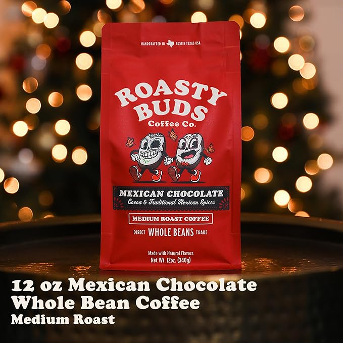 Roasty Buds Mexican Chocolate Whole Bean | Café Mexicano 100% Arabica Coffee, Natural Cinnamon Flavors (12 oz) | Gluten-Free, Non-GMO, No Sugar | Medium Roast (12 Ounce, Mexican Chocolate Whole Bean)