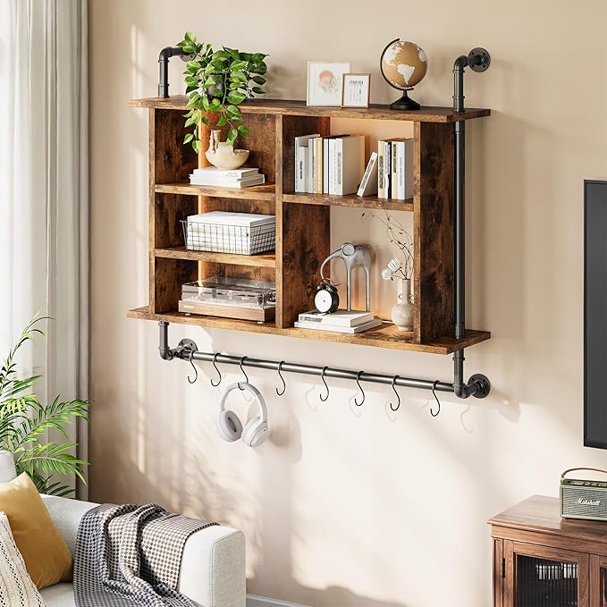 REIBII 4-Tier Industrial Pipe Shelving, 37.4" Kitchen Shelf with LED Light, Floating Shelves with 8 S-Hooks for Kitchen, Living Room, Home Office Bar, Rustic Brown