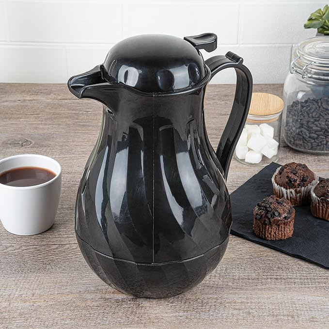 Restaurantware-Restpresso 64 Ounce Coffee Carafe, 1 Insulated Coffee Server - Push-Button Top, Swirl Design, Black Plastic Pitcher, Built-In Handle, With Identification Tags