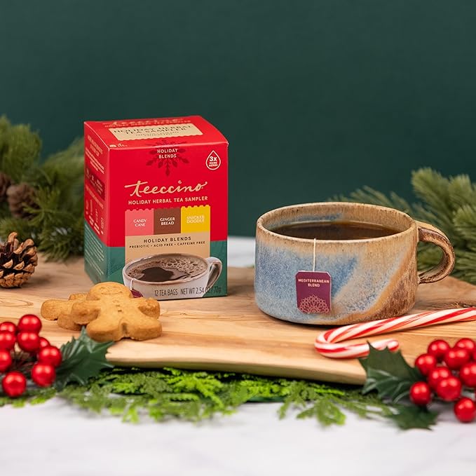Teeccino Holiday Herbal Tea Sampler Assortment - Candy Cane, Gingerbread, Snickerdoodle - Caffeine-Free Holiday Dessert Teas with Prebiotic Chicory, 12 Tea Bags
