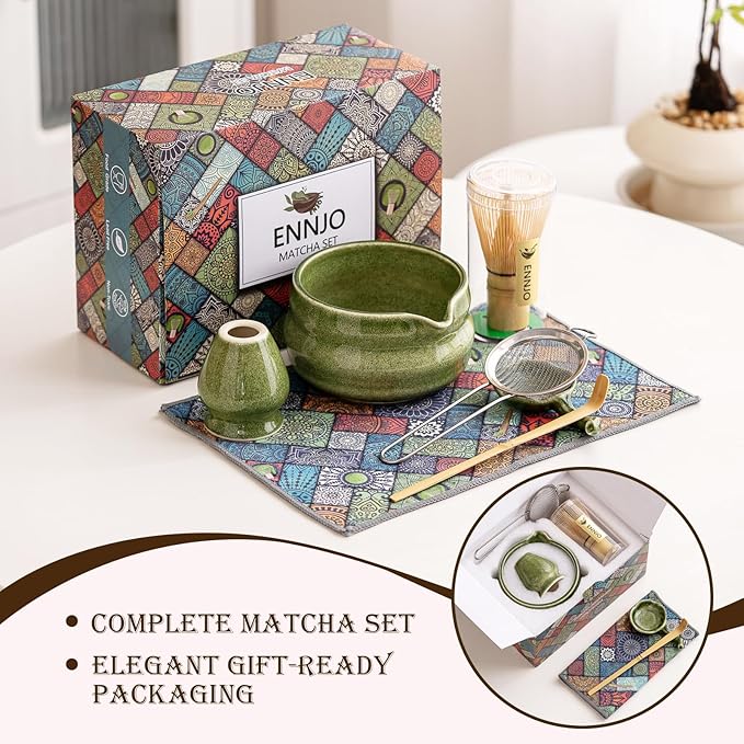7 Pcs Matcha Kit, Matcha Bowl with Spout, Bamboo Whisk And Scoop, Ceramic Holder And Scoop Rest, Stainless Steel Sifter, Tea Towel. Speckled Green Glaze Matcha Whisk Set for Beginners And Gifting