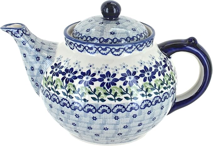 Blue Rose Polish Pottery - Blue Hallsey Teapot - 5 Cup Capacity - Hand-Painted Polish Pottery Ceramic Coffee & Tea Server