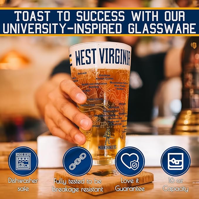 Greenline Goods – University of West Virginia Mountaineers College Pint Beer Glasses (Set of 2), 16 oz – Full-Color Logo + Campus Map