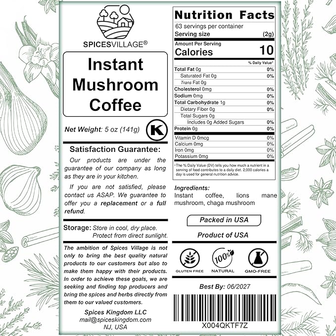 Spices Village Instant Mushroom Coffee with Lion’s Mane & Chaga, 5 oz (63 Servings), Ground Mushroom Arabica Instant Coffee, Kosher