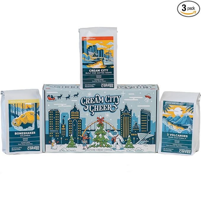 Stone Creek Coffee Cream City Cheer Box Dark, Medium and Light Roast, (8 Oz, Pack of 3) – Whole Bean Coffee Sampler, Holiday Limited-Edition Gift Set, Bright, Smooth and Bold Fresh Roasted Coffee Beans