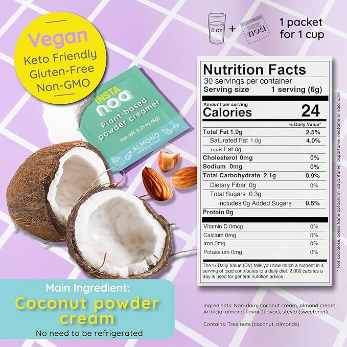 NOA Plant-Based Powder Creamer - Dairy-Free Coconut & Almond Flavor, No Sugar, Vegan, Keto-Friendly, Instant Non-Dairy Coffee Enhancer, 30 Sachets of 6g