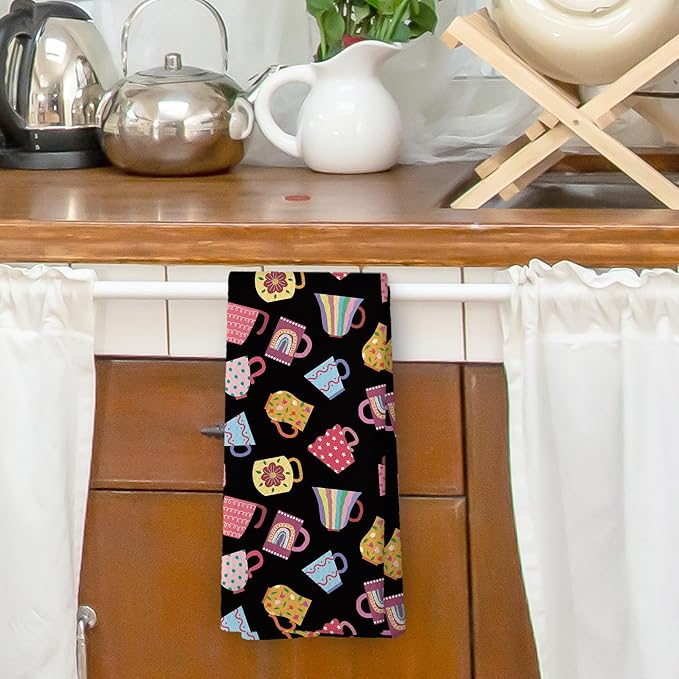 Trendy Teacups Kitchen Dish Towels Black, Coffee Cups Teapots Kitchen Decor, Aesthetic Garden Tea Lover Gifts for Women men, Tea Time Hand Towels Kitchen Bathroom Tea Towels Decorations, 16x24inch