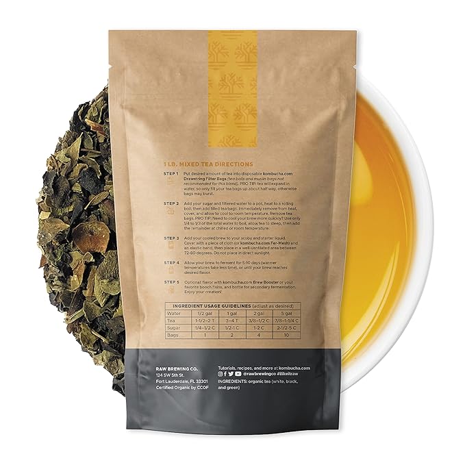 Kombucha.com Certified Organic Loose Leaf Tea - Kombucha Brewing Blends (Black/Green/White Tea Blend, 1 Pound). Makes up to 50 gallons.