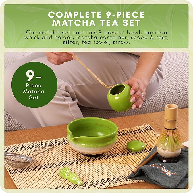 9 Pcs Matcha Whisk Set – Bamboo Matcha Whisk, Bowl, Scoop and Sifter – Complete Matcha Tea Set and Kit for Making Matcha at Home, Cup and Accessories