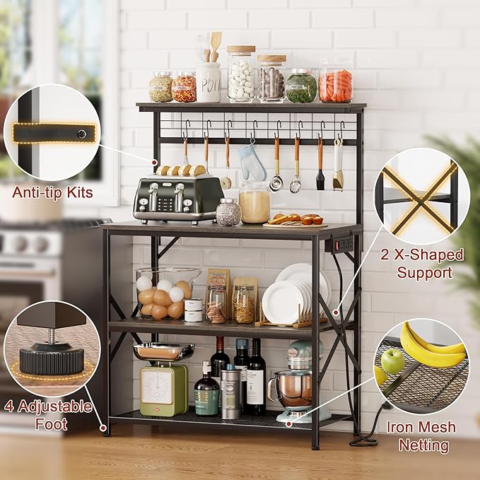 Furologee Kitchen Bakers Rack with Power Outlet,Coffee Stand with Storage 4 Tiers,Coffee Bar Station with a 31.5 Inch Larger Desktop and 8 S Hooks,Kitchen Microwave Rack for Spices,Pots,Black Oak