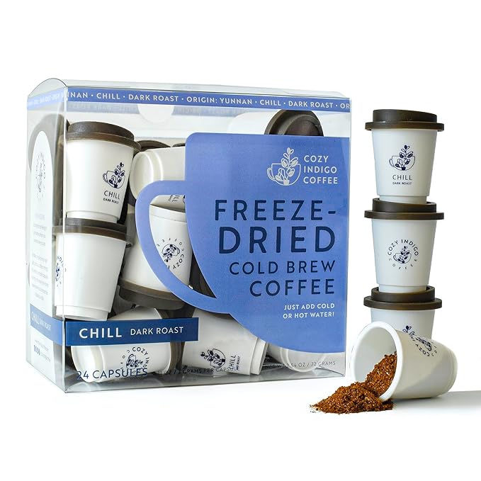 COZY INDIGO COFFEE - CHILL Cold Brew Dark Roast Instant Freeze Dried Specialty Coffee, 24 Capsules, 100% Arabica, Enjoy Cold or Hot, Perfect for Travel and On The Go
